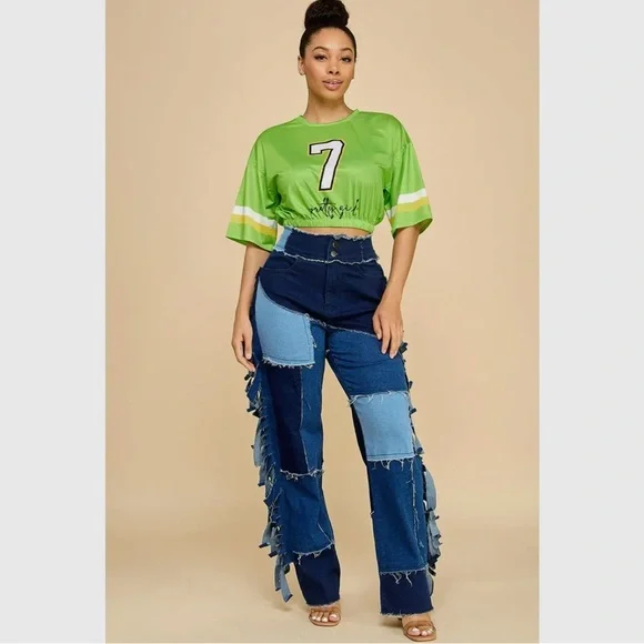 Fringe Drama Patchwork Jeans – High Waist Flare Denim in Plus Sizes - Picture 6 of 6